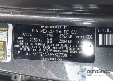 2024 Kia Forte Lxs из США, поврежденный, VIN 3KPF24AD0RE827708